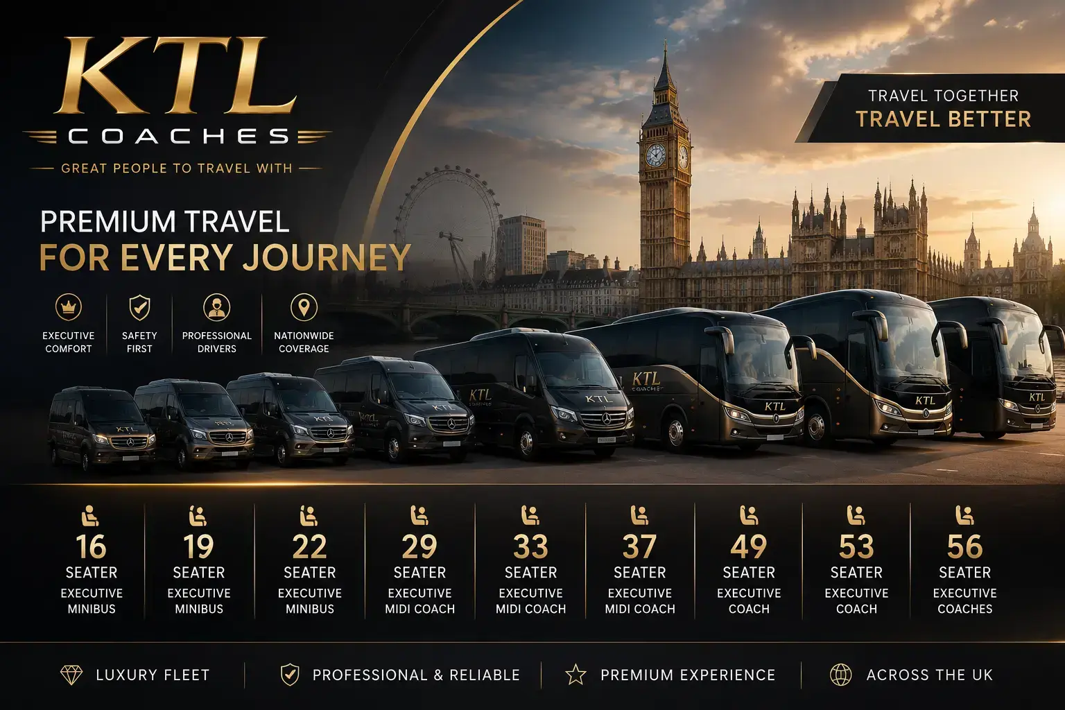KTL Coaches premium fleet — executive minibuses and coaches from 10 to 56 seats